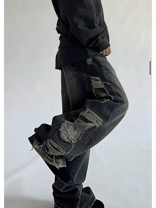 UNISEX 迷彩邊牛仔褲