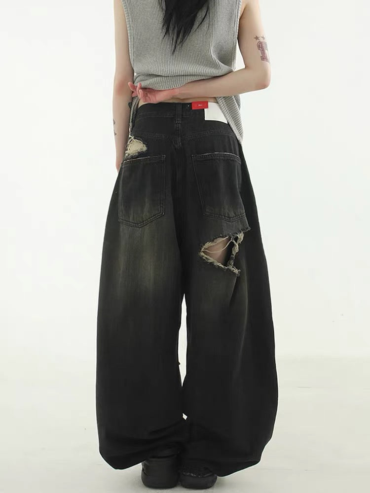 Wide Black Damaged Jeans