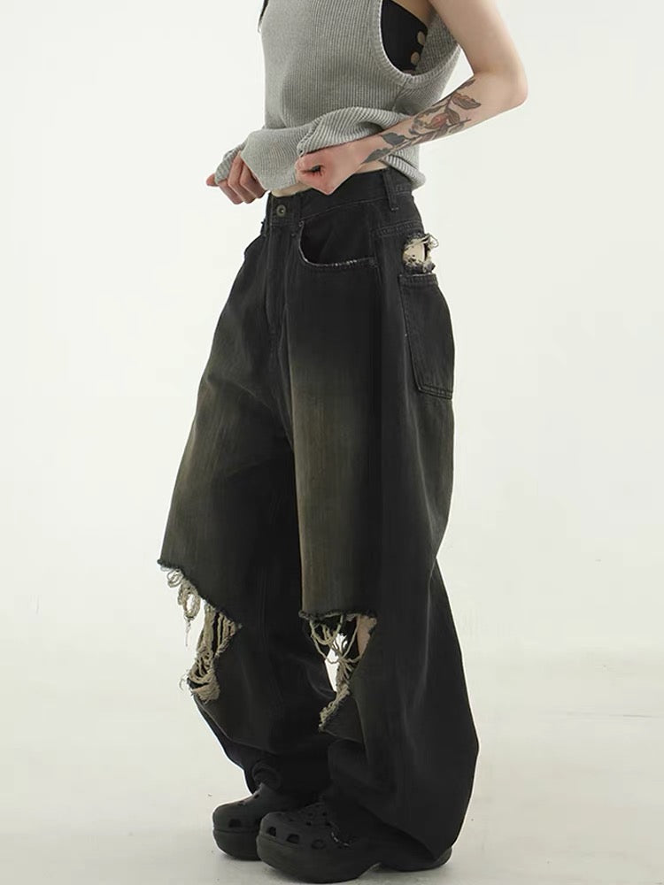 Wide Black Damaged Jeans