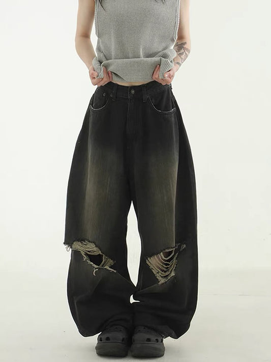 Wide Black Damaged Jeans