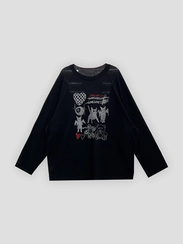 Illustrated Print Semi-Sheer Long Sleeve Top
