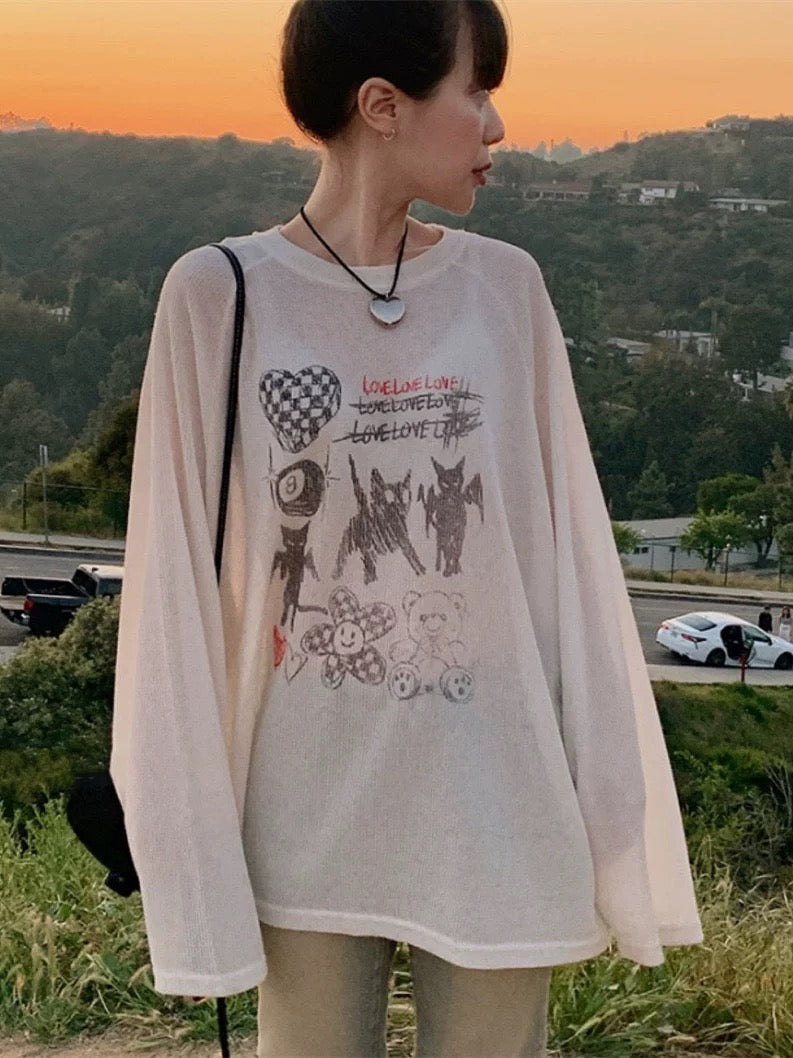 Illustrated Print Semi-Sheer Long Sleeve Top
