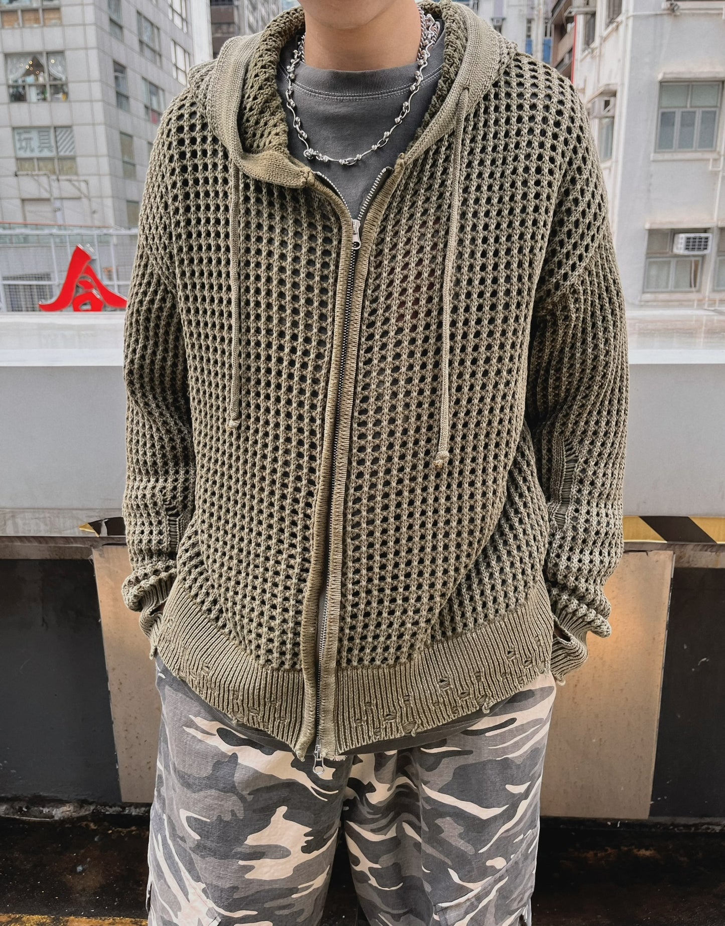 網眼針織連帽拉鍊外套(unisex)
