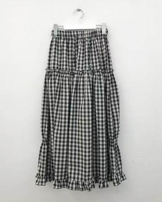 Checkered Ruffle Long Skirt