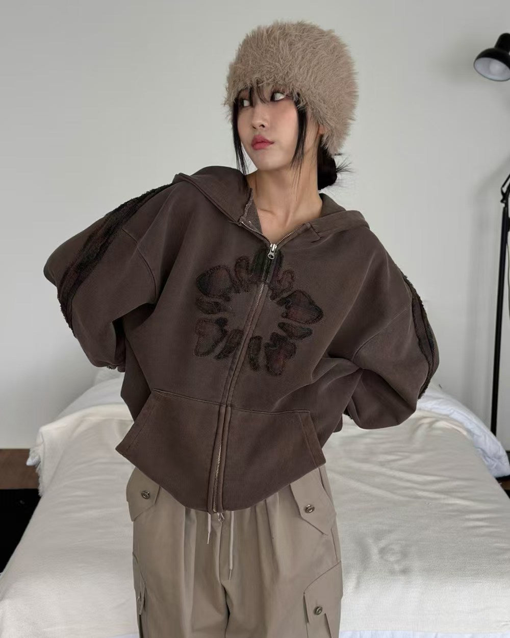 WashedAppliqué Zip-Up Hoodie