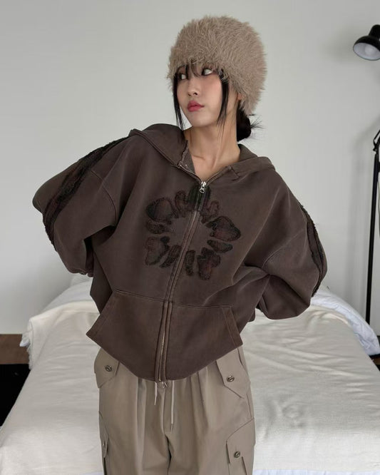 WashedAppliqué Zip-Up Hoodie