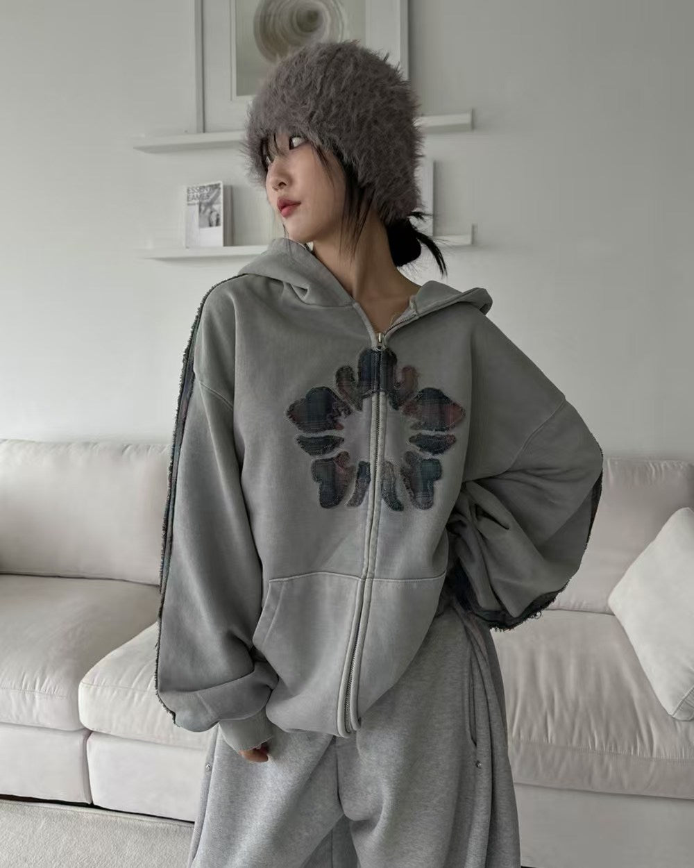WashedAppliqué Zip-Up Hoodie