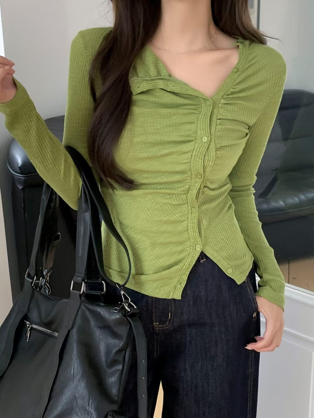 Ruched Tie Front Button Top