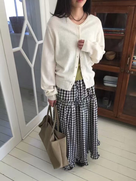 Checkered Ruffle Long Skirt