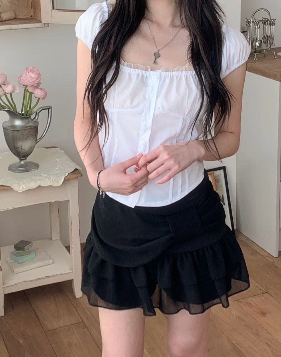 Square Neck Ruffle Puff Sleeve Top