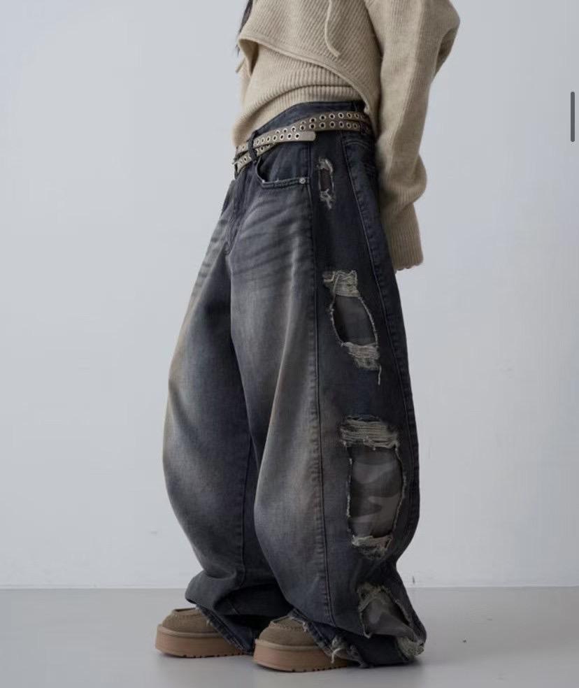 UNISEX 迷彩邊牛仔褲