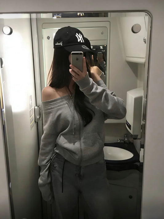 off-shoulder zipper sweatshirt