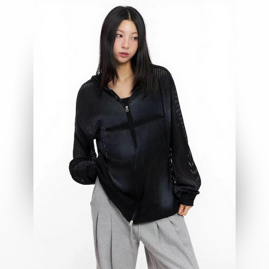Distressed Wash Zip-Up Hoodie Jacket