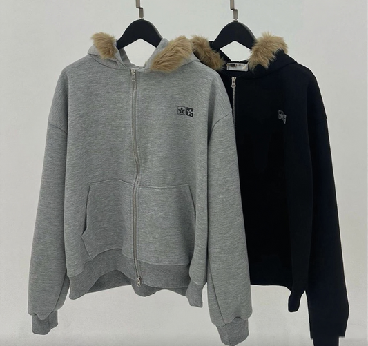 Fuzzy Collar Zip-Up Hoodie Jacket Unisex