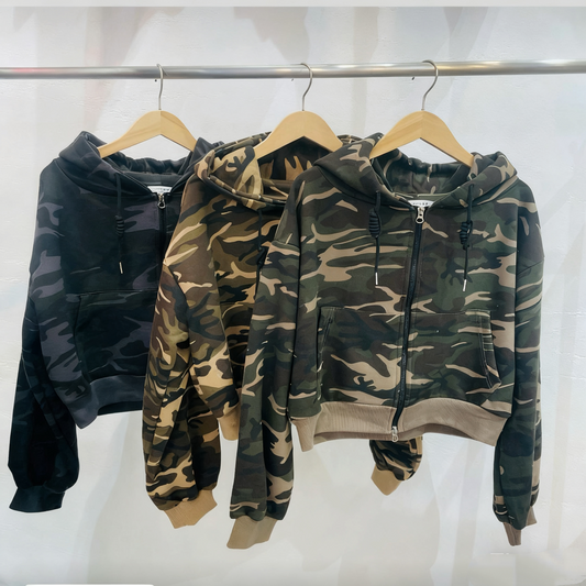 Camouflage Cropped Hooded Zip-Up